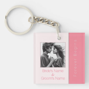 Rose Pink Forever Begins Elegant Photo Wedding Keychain