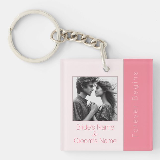 Rose Pink Forever Begins Elegant Photo Wedding Keychain (Front)