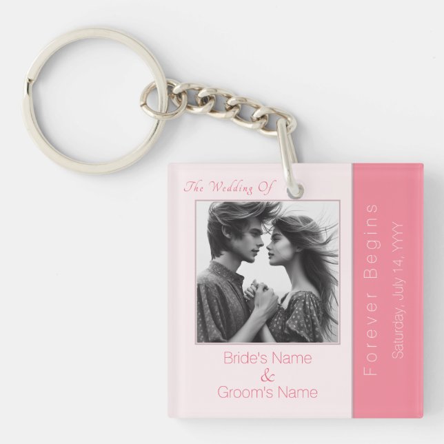 Rose Pink Forever Begins Modern Photo Wedding Keychain (Front)
