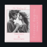 Rose Pink Forever Begins Modern Photo Wedding Magnet<br><div class="desc">The design is an elegant and minimalistic one featuring the theme of "Forever Begins" in rose pink. The template wedding magnet includes customizable typography fields for the wedding theme, introduction, the bride's and groom's names, the together symbol, and the wedding date. It is a simply elegant addition to your event....</div>