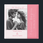 Rose Pink Forever Begins Modern Photo Wedding Magnet<br><div class="desc">The design is an elegant and minimalistic one featuring the theme of "Forever Begins" in rose pink. The template wedding magnet includes customizable typography fields for the wedding theme, introduction, the bride's and groom's names, the together symbol, and the wedding date. It is a simply elegant addition to your event....</div>