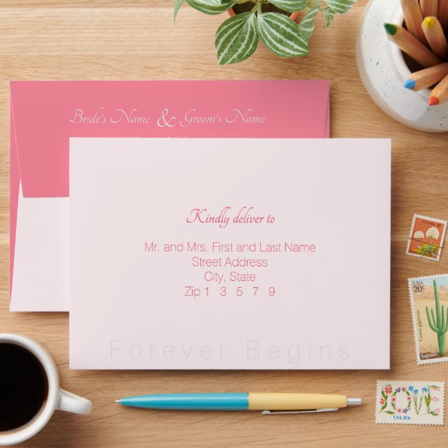 Rose Pink Forever Begins Simply Elegant Wedding  Envelope (Desk)
