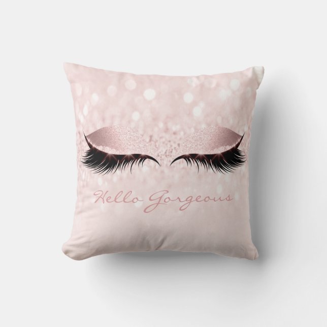 Rose Pink Girly Makeup Lashes Hello Gorgeous Throw Pillow (Front)