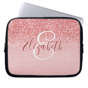 Rose Pink Glitter Blush Ombre Monogram Laptop Sleeve