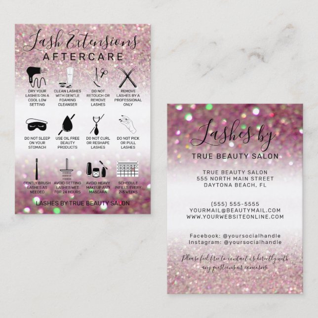Rose Pink Glitter Lash Extensions Aftercare Icon Business Card (Front/Back)