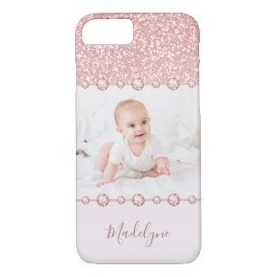 Rose Pink Glitter Rhinestone Name Photo Case-Mate iPhone Case