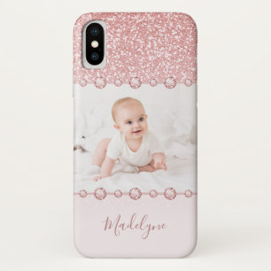 Rose Pink Glitter Rhinestone Name Photo Case-Mate iPhone Case
