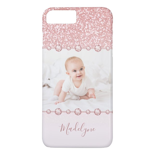Rose Pink Glitter Rhinestone Name Photo Case-Mate iPhone Case (Back)