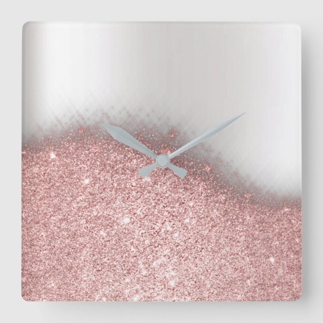 Rose Pink Glitter Silver Grey Minimal Metallic Square Wall Clock (Front)