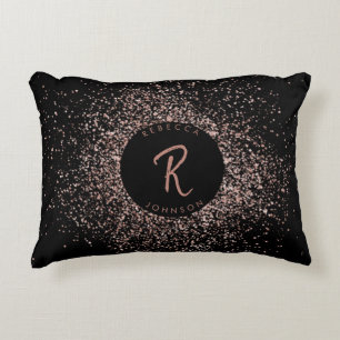 Rose Pink Gold & Black Glitter Frame Monogram Accent Pillow