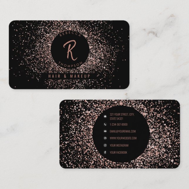Rose Pink Gold & Black Glitter Frame Monogram Business Card (Front/Back)