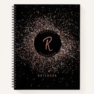 Rose Pink Gold & Black Glitter Frame Monogram Notebook