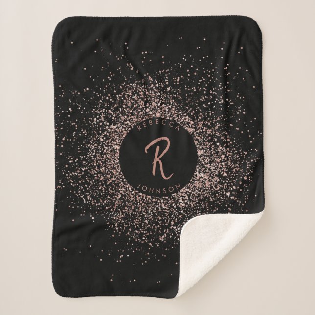 Rose Pink Gold & Black Glitter Frame Monogram Sherpa Blanket (Front)