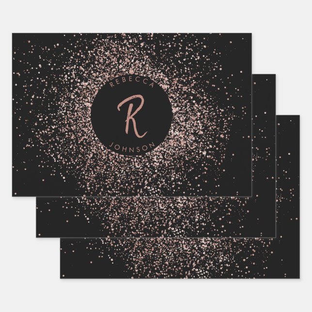 Rose Pink Gold & Black Glitter Frame Monogram Wrapping Paper Sheet (Set)