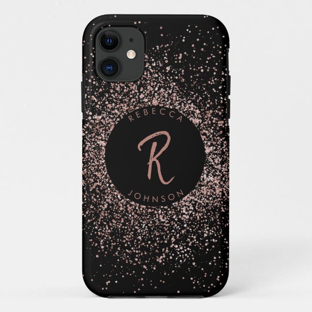 Rose Pink Gold & Black Monogram Case-Mate iPhone Case (Back)