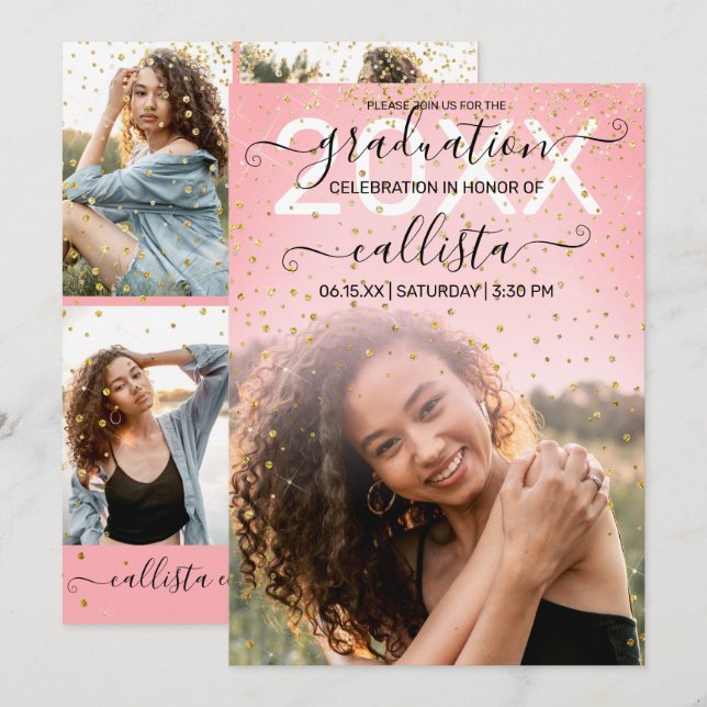 Rose Pink Gold Confetti Photo Collage Graduation Invitation (Front/Back)