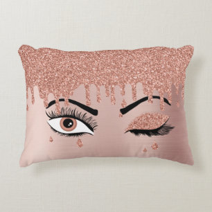 Rose Pink Gold Eyelashes Dripping Glitter Accent Pillow