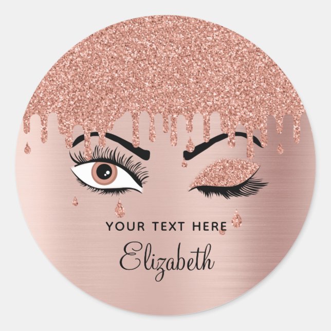 Rose Pink Gold Eyelashes Dripping Glitter  Classic Round Sticker (Front)