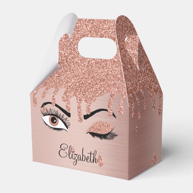 Rose Pink Gold Eyelashes Dripping Glitter Favor Box (Front Side)
