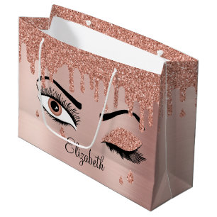 Rose Pink Gold Eyelashes Dripping Glitter  Large Gift Bag
