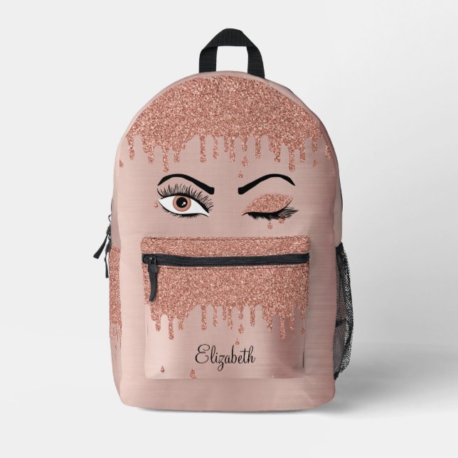 Rose Pink Gold Eyelashes Dripping Glitter Printed Backpack (Front)