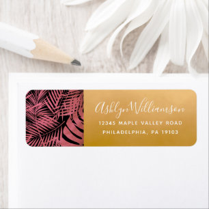 Rose pink gold tropical palm leaf script address
