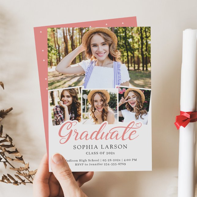 Rose Pink Graduate Script 4 Photo Graduation Announcement (Creator Uploaded)