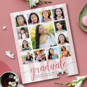 Rose Pink Graduation K–12 Photo Collage Script Jigsaw Puzzle