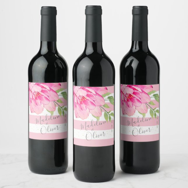 Rose Pink Green Stripe Floral Chic Silver Wine Label (Bottles)