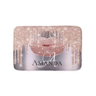 Rose Pink Grey Glitter Name Monogram Makeup Bath Mat