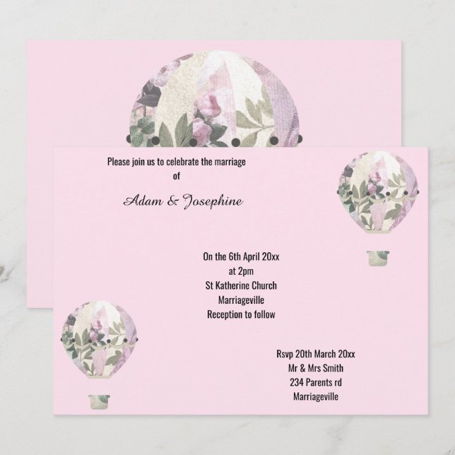 ROSE PINK HOT AIR BALLOON ELEGANT WEDDING INVITATION (Front/Back)