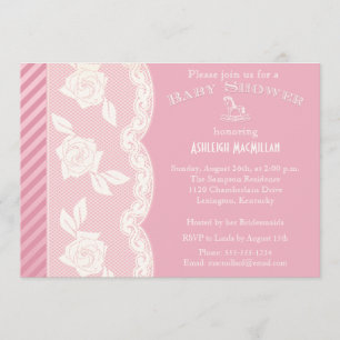 Rose Pink, Ivory Floral Lace Baby Shower Invite