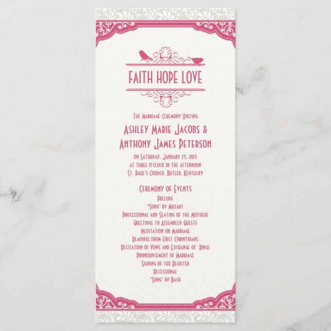 Rose Pink Ivory Lace Birds Wedding Program (Front)