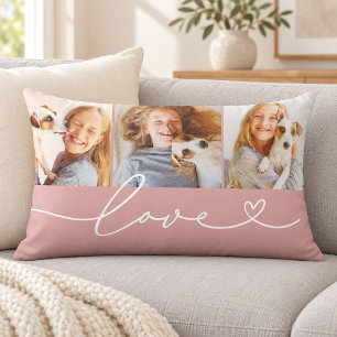 Rose Pink Love Heart Script 3 Photo Lumbar Pillow