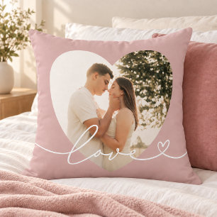 Rose Pink Love Script Heart Photo Throw Pillow