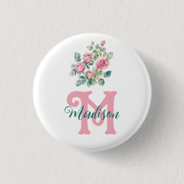 Rose Pink Monogram  1 Inch Round Button (Front)
