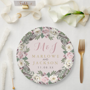 Rose Pink Moody Floral Boho Wedding Monogram Paper Plate