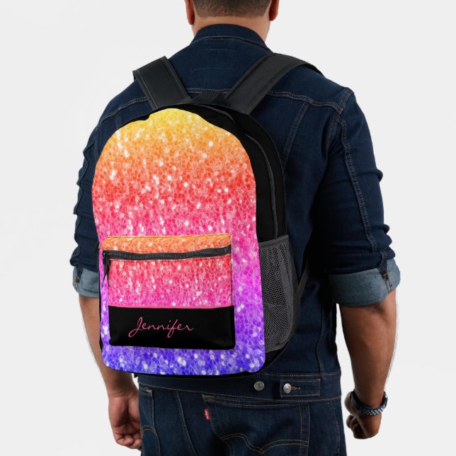 Rose pink orange faux sparkles black Custom name Printed Backpack (Insitu (Model))