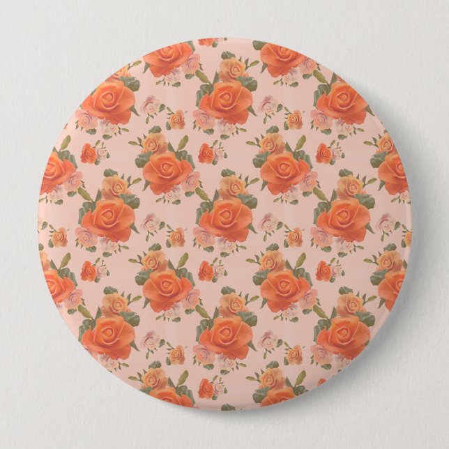 rose pink orange floral pattern wedding spring 4 inch round button (Front)