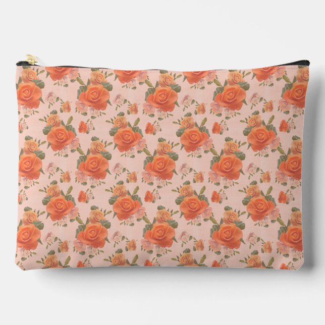rose pink orange floral pattern wedding spring accessory pouch (Front)