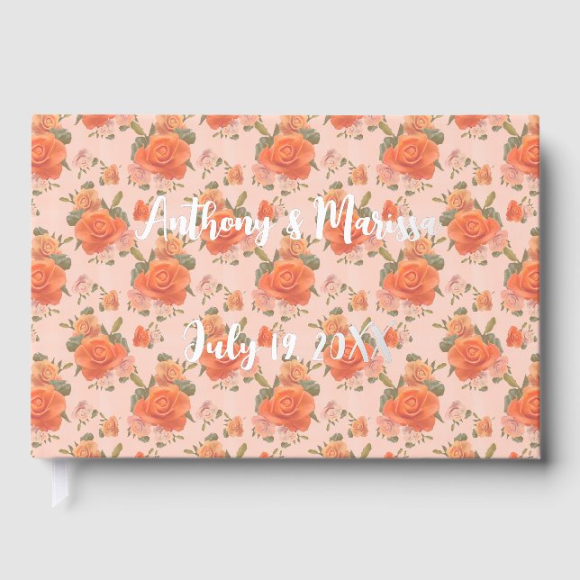 rose pink orange floral pattern wedding spring guest book (Front)
