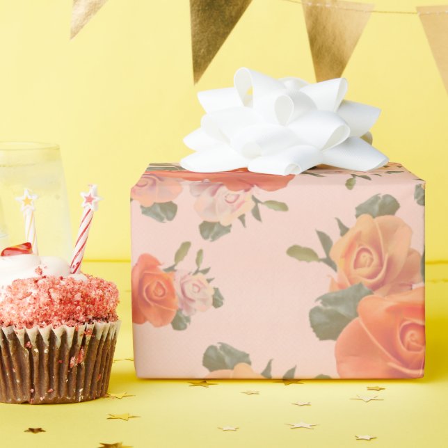 rose pink orange floral pattern wedding spring wrapping paper (Birthday Party)