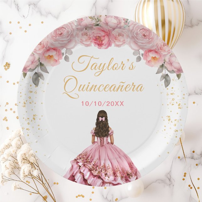 Rose Pink Princess Floral Quinceañera Paper Plate (Creator Uploaded)
