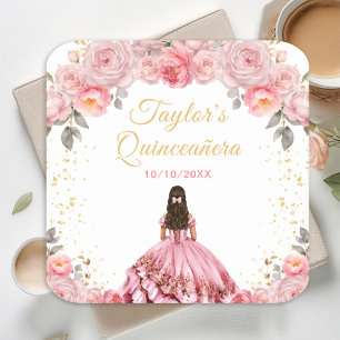 Rose Pink Princess Floral Quinceañera Square Paper Coaster