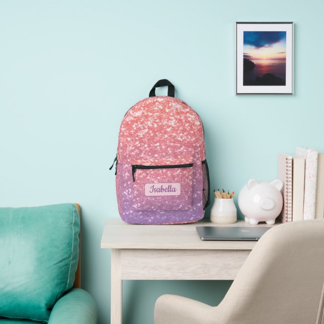 Rose pink purple lavender sparkles Custom Name Printed Backpack (Insitu)