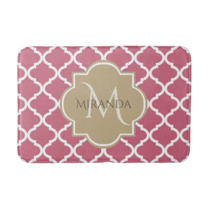 Rose Pink Quatrefoil Pattern With Big Tan Monogram Bath Mat