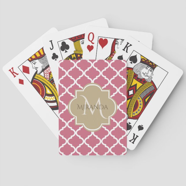 Rose Pink Quatrefoil Pattern With Big Tan Monogram Playing Cards (Back)