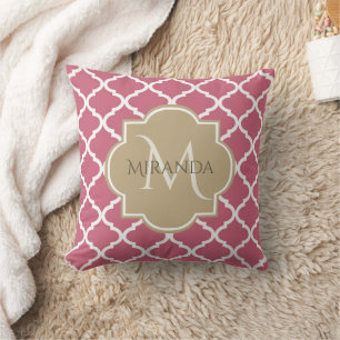 Rose Pink Quatrefoil Pattern With Big Tan Monogram Throw Pillow