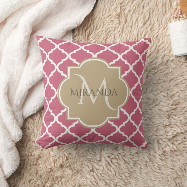 Rose Pink Quatrefoil Pattern With Big Tan Monogram Throw Pillow (Blanket)
