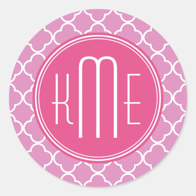 Rose Pink Quatrefoil with Custom Monogram Classic Round Sticker (Front)